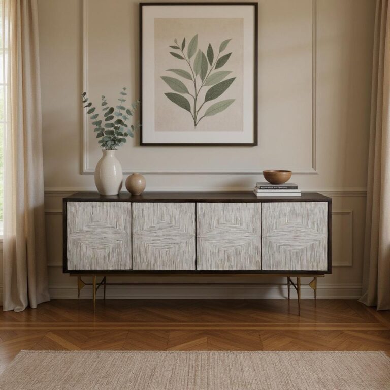 Dark wood sideboard with woven white inlay panels styled in an elegant living room with botanical print, Empress Homewares Adelaide