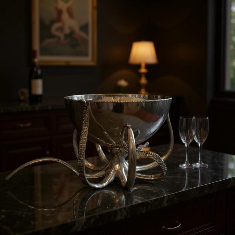 Silver octopus champagne bucket on dark marble bar with crystal glasses and warm brass lamp, Empress Homewares Adelaide