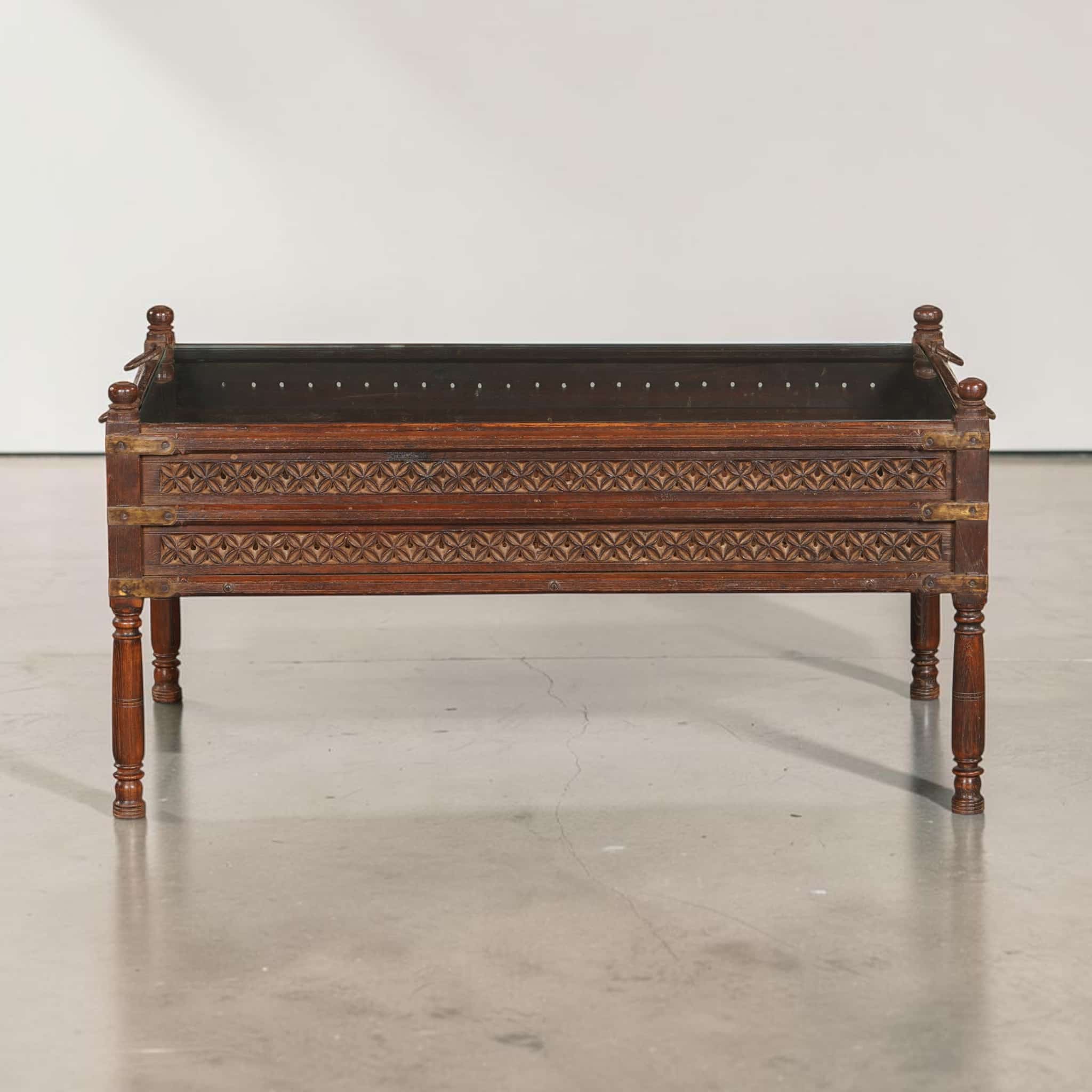 Antique Anglo-Indian Teak Charpoy Coffee Table with Glass Top(ETA AUG 2026)