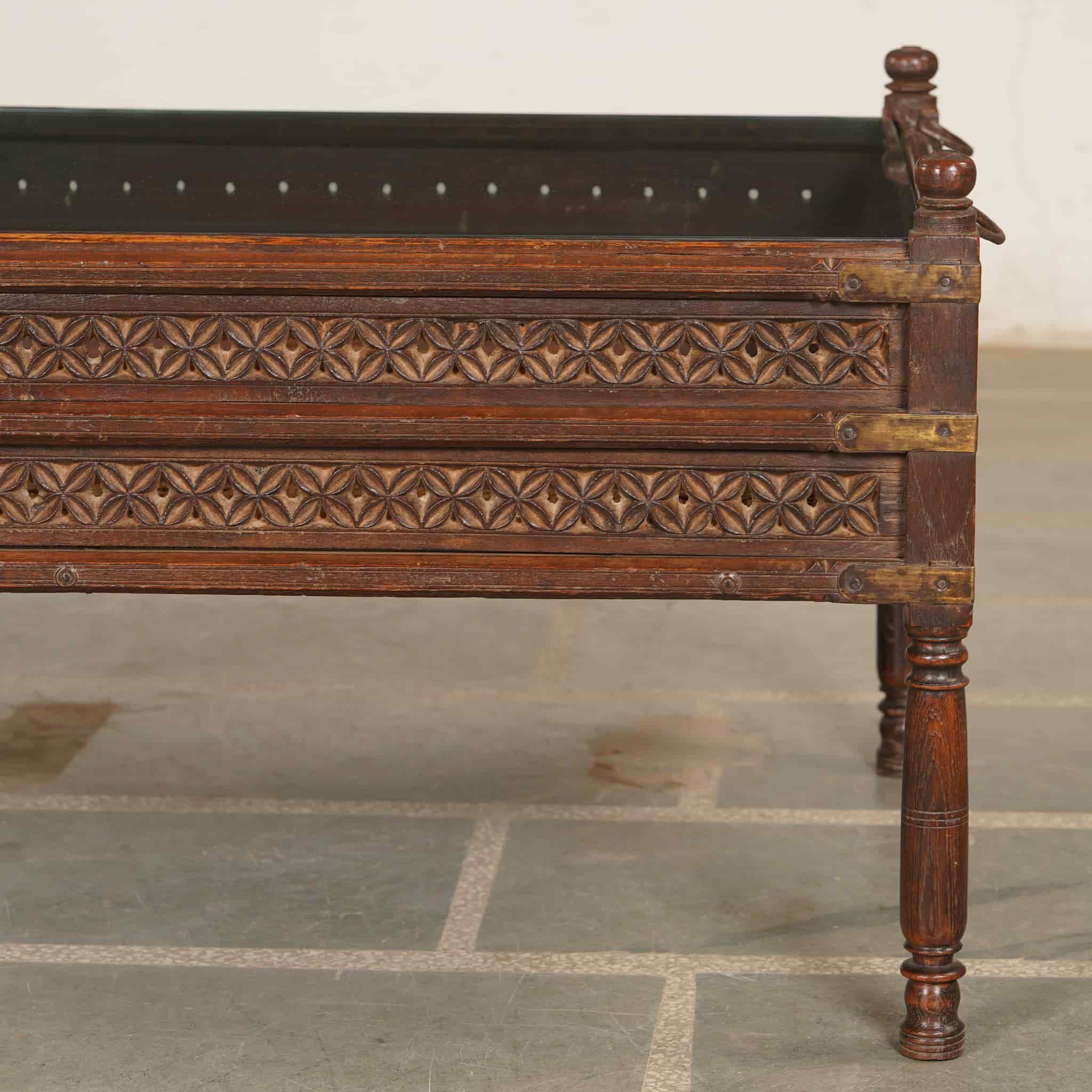 Antique Anglo-Indian Teak Charpoy Coffee Table with Glass Top(ETA AUG 2026) - Image 4