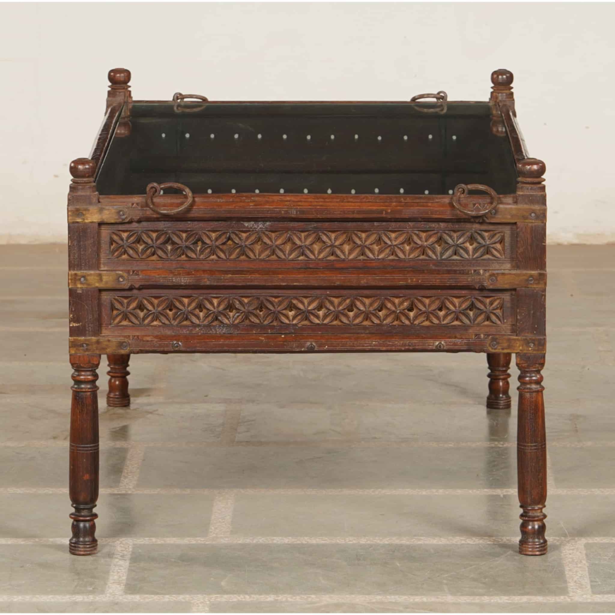Antique Anglo-Indian Teak Charpoy Coffee Table with Glass Top(ETA AUG 2026) - Image 3