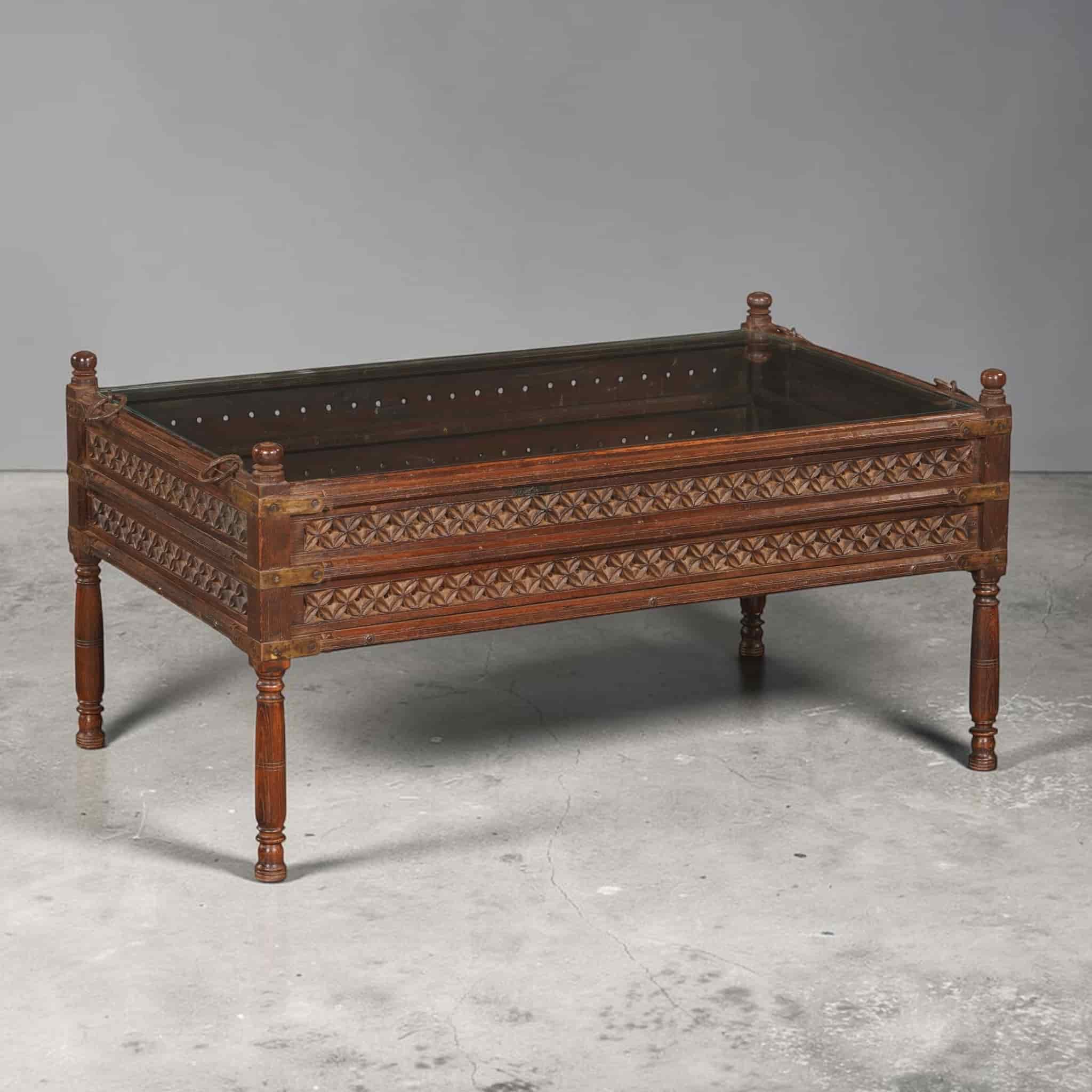 Antique Anglo-Indian Teak Charpoy Coffee Table with Glass Top(ETA AUG 2026) - Image 2