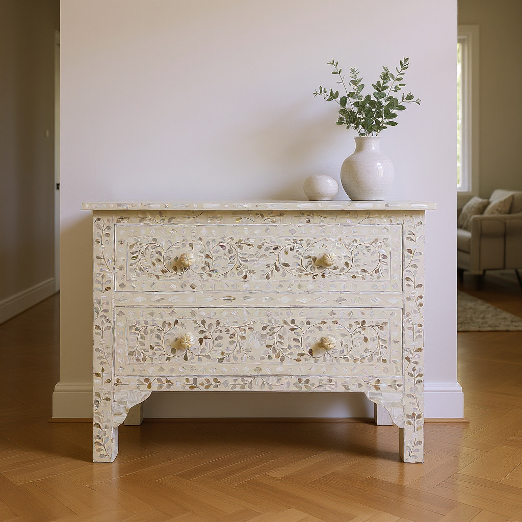 Mother-of-pearl inlay chest of drawers styled in an Adelaide entry hall