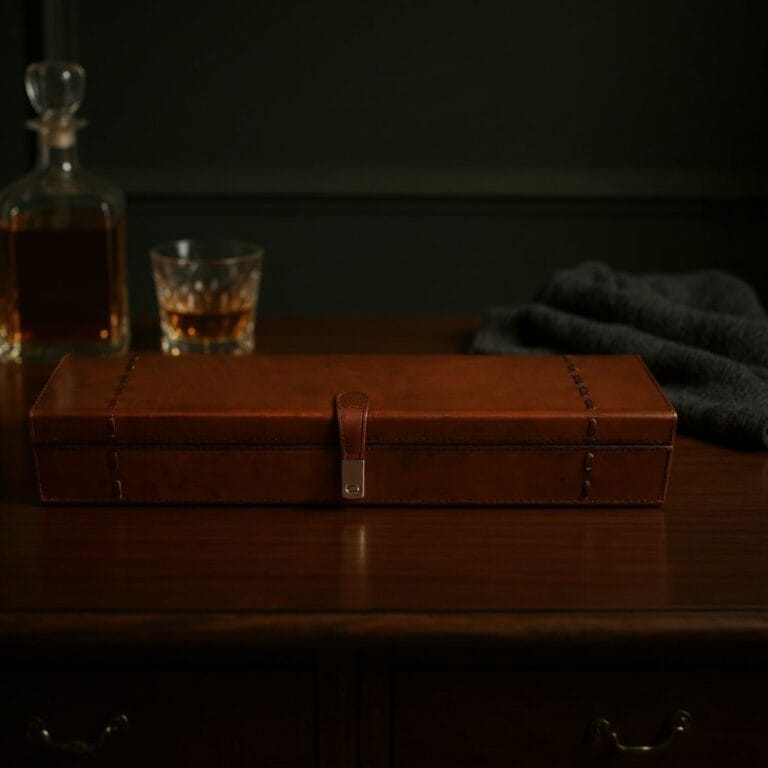 Tan leather watch box on a timber sideboard with a decanter and whisky glass, unique Father's Day gifts in Adelaide