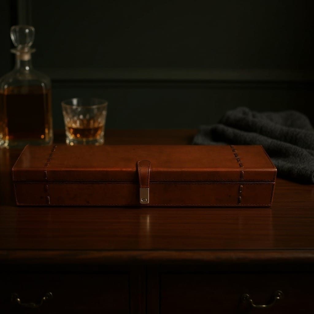 Tan leather watch box on a timber sideboard with a decanter and whisky glass, unique Father's Day gifts in Adelaide